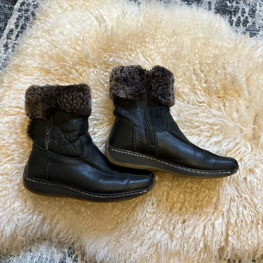 Polaris Black Leather Winter Boots with Brown Fur